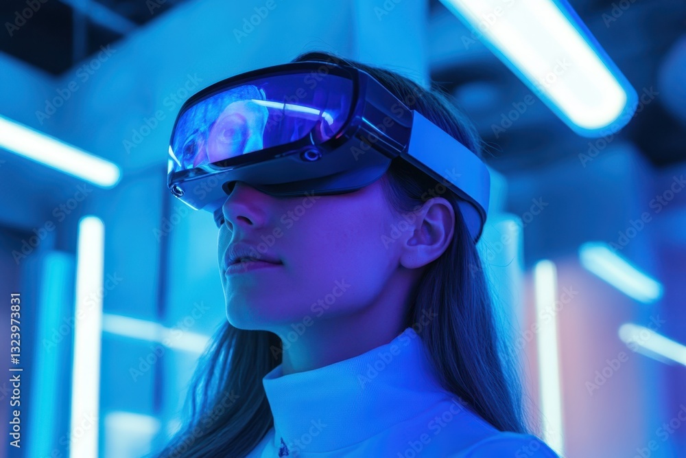 Poster exploring virtual reality in a futuristic setting with glowing lights