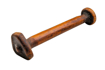 A vintage wooden dumbbell resting on a clean white background, showcasing its unique craftsmanship isolated on transparent background