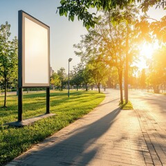 Obraz premium A large advertising billboard in a serene park setting surrounded by lush green trees and nature