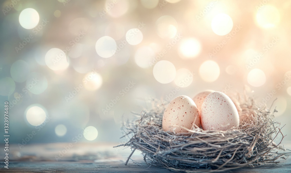 Poster eggs in bird nest with soft bokeh background for easter