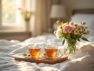 Fototapeta premium Serene morning tea experience in a sunlit bedroom with fresh flowers, cozy ambiance, and a warm beverage for relaxation