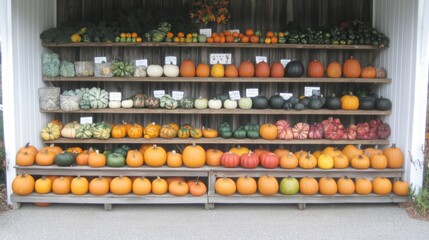 A wooden shelf displaying many colorful pumpkins and gourds
