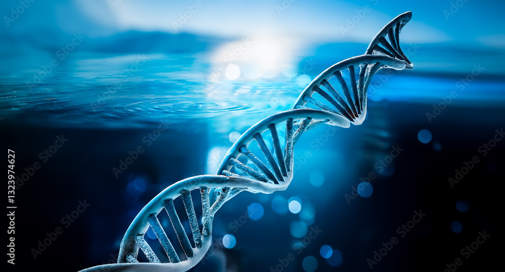 Poster a double helix dna strand is depicted against a blurred blue gradient background with bokeh circles.