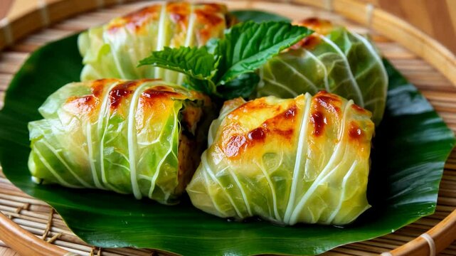 close up healthy clean food dish, dumpling made of mince pork wrapped with cabbage serve on banana leaf