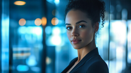 Naklejka premium Confident professional woman in business attire, illuminated by modern blue lighting, ready to take on the world.