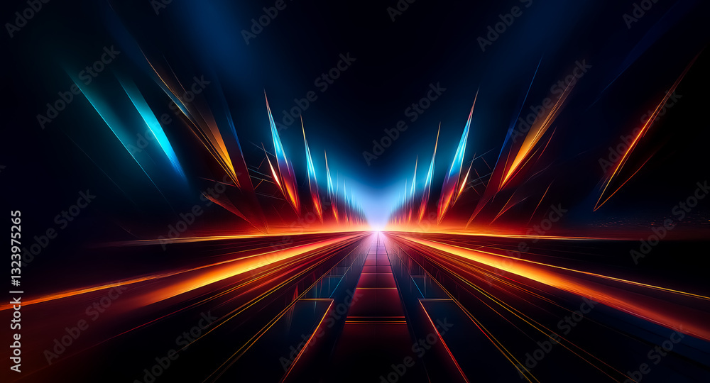 Poster abstract vibrant light streaks in blue, orange, and red hues on a dark background converge to a cent