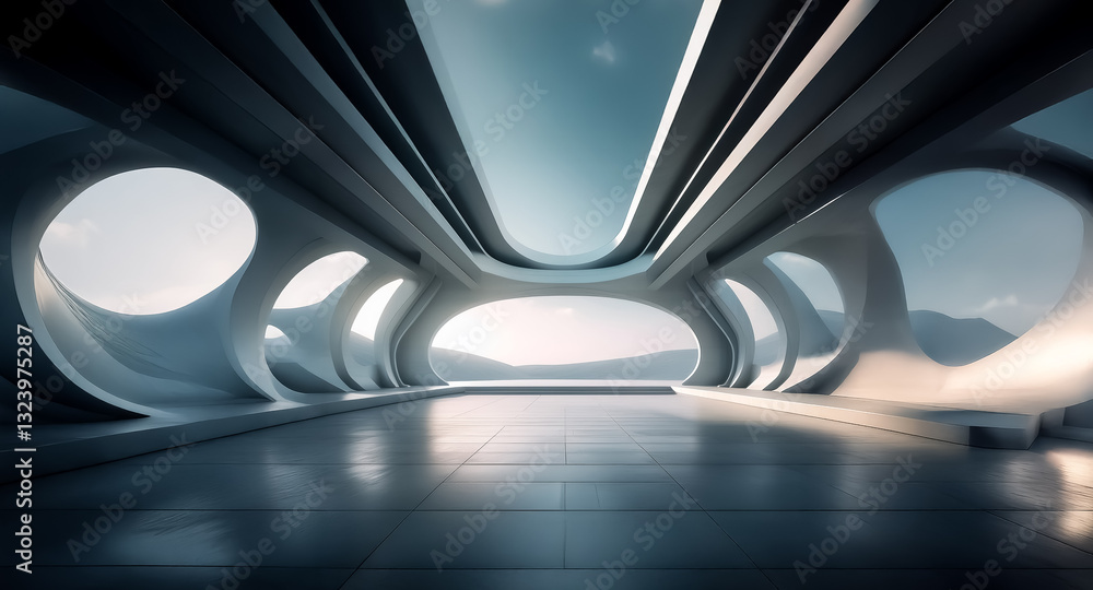 Aufkleber futuristic white interior featuring oval openings. modern architecture with curved walls and mountai