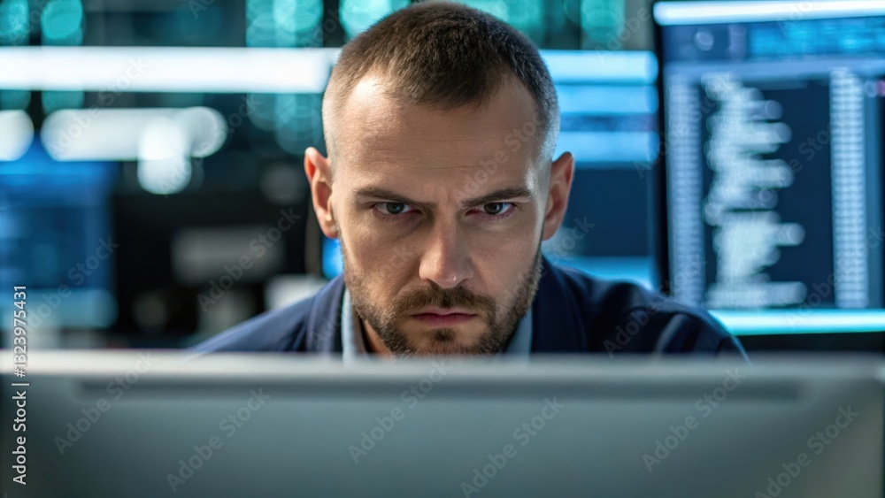 Aufkleber security researchers risk assessment monitoring concept. focused man working on a computer in a digi