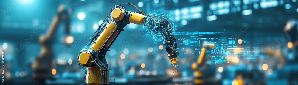Poster an advanced, aipowered smart factory scene featuring iotenabled devices, automated robotics, and pre