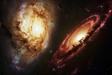 Fototapeta premium Cosmic dance of two galaxies in the vastness of space showcasing bright stellar formations