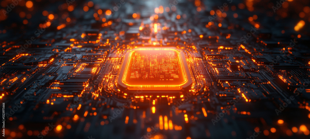 Poster A vibrant, high-resolution visualization displays a quantum computing landscape featuring glowing circuits, highlighting concepts like qubit superposition and entanglement.
