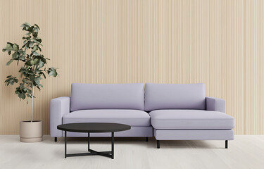 Stylish living room design featuring a modern lavender couch minimalist decor indoor setting contemporary viewpoint