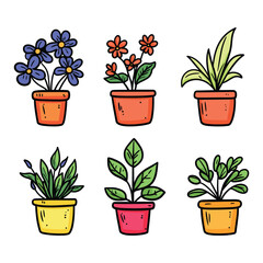 Doodle-Style Vector Illustration of Six Various House Plants in Pots