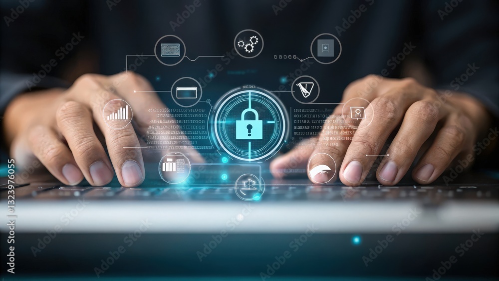 Aufkleber security researchers risk assessment monitoring concept. hands typing on a keyboard with digital sec