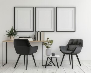 Three black framed posters above a desk with two black chairs and a coffee table in a modern white room
