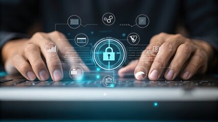 security researchers risk assessment monitoring concept. Hands typing on a keyboard with digital security icons overlay.