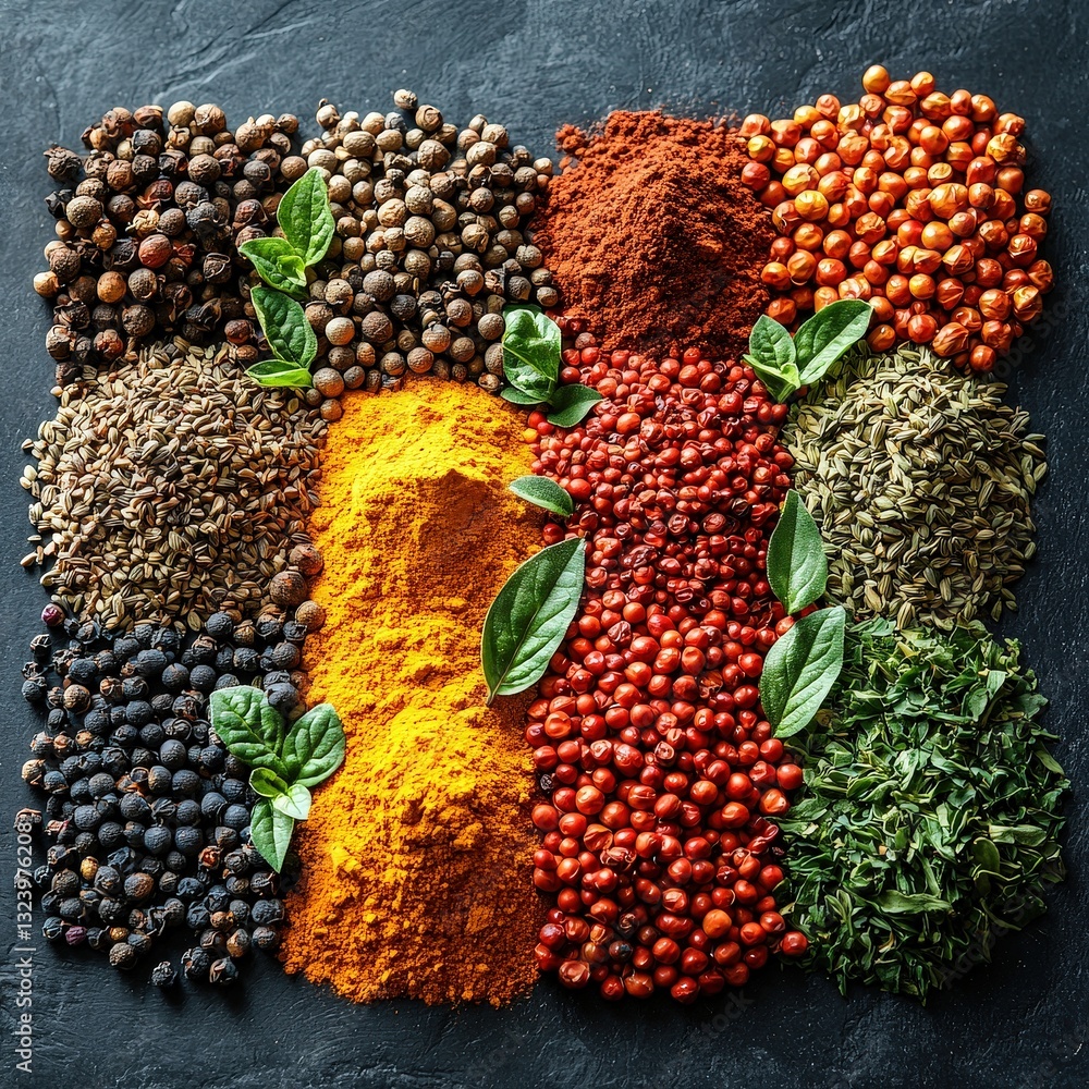 Poster a colorful array of spices displayed on a rustic wooden table showcasing culinary diversity