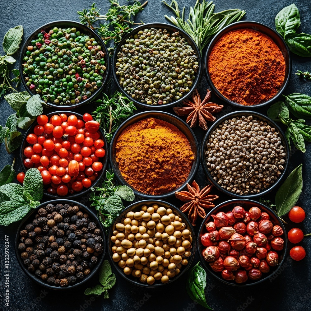 Poster an exquisite collection of vibrant spices in various containers showcasing colors and textures