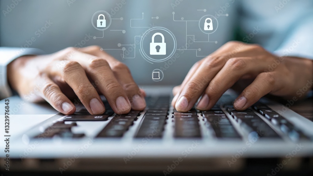 Aufkleber security researchers risk assessment monitoring concept. hands typing on a keyboard with security ic
