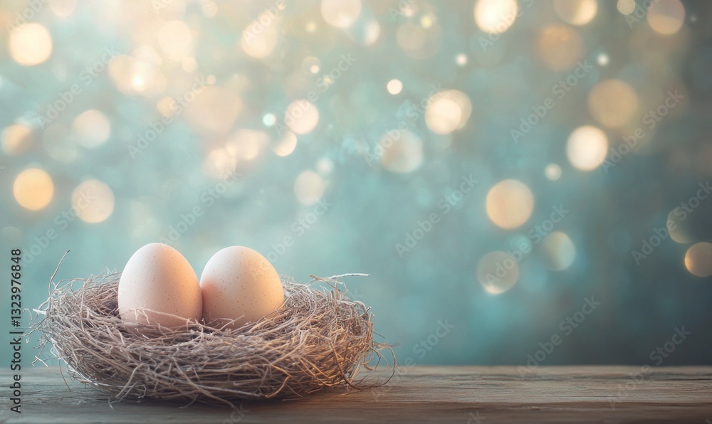 Poster eggs in nest on wood with bokeh background for easter concept