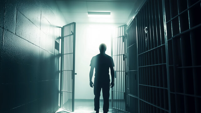 Silhouette in Correctional Facility: A figure walks toward light at the end of a jail corridor, symbolizing freedom.
