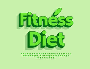 Vector healthy concept Fitness Diet. Bright Green Font. Artistic 3D Alphabet Letters and Numbers set.