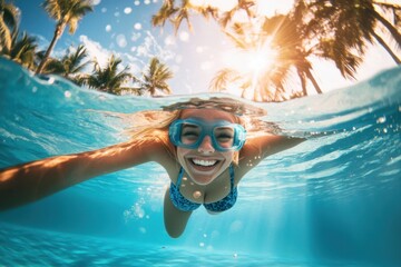 Fototapeta premium Joyful moments beneath the sunlit surface of a pool with palm trees swaying in the summer breeze