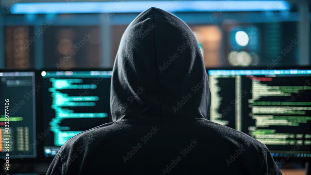 Aufkleber security researchers risk assessment monitoring concept. mysterious figure in hoodie working on mult