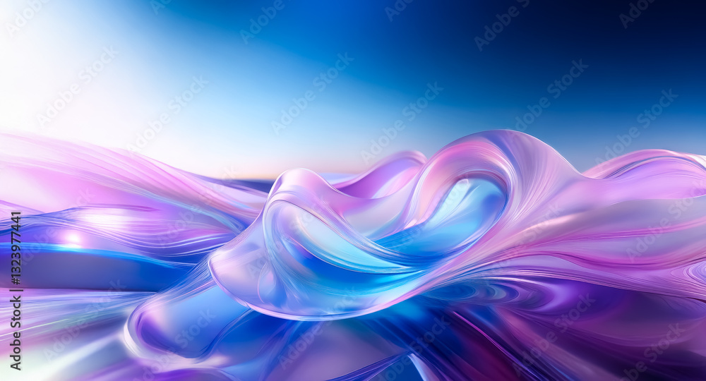 Poster abstract flowing form in shades of blue and purple, creating a smooth, iridescent and glossy texture