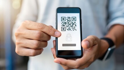 security researchers risk assessment monitoring concept. A person holding a smartphone displaying a QR code.