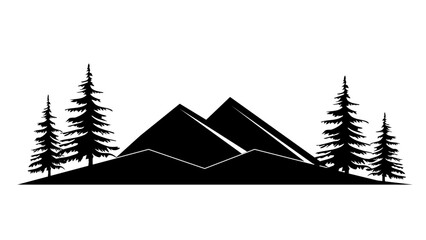 Obraz premium Black silhouette of mountains and fir trees camping adventure wildlife landscape panorama illustration icon vector for logo, isolated on white background.