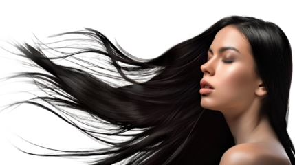 Beautiful woman with long flowing black hair on transparent background