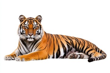 Obraz premium Bengal tiger lying down with orange and black stripes isolated on Transparent Background