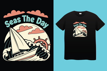 Obraz premium Wooden boat on water waves sketch engraving vector illustration. T-shirt apparel print design. Scratch board imitation. Black and white hand drawn image.