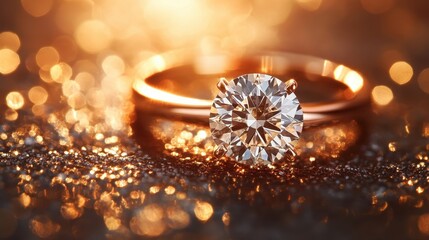 A radiant diamond ring, its facets sparkling like captured sunlight, rested on a polished surface, its brilliance amplified by the warm, gentle glow of soft lighting.