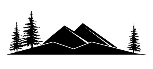 Black silhouette of mountains and fir trees camping adventure wildlife landscape panorama illustration icon vector for logo, isolated on white background.
