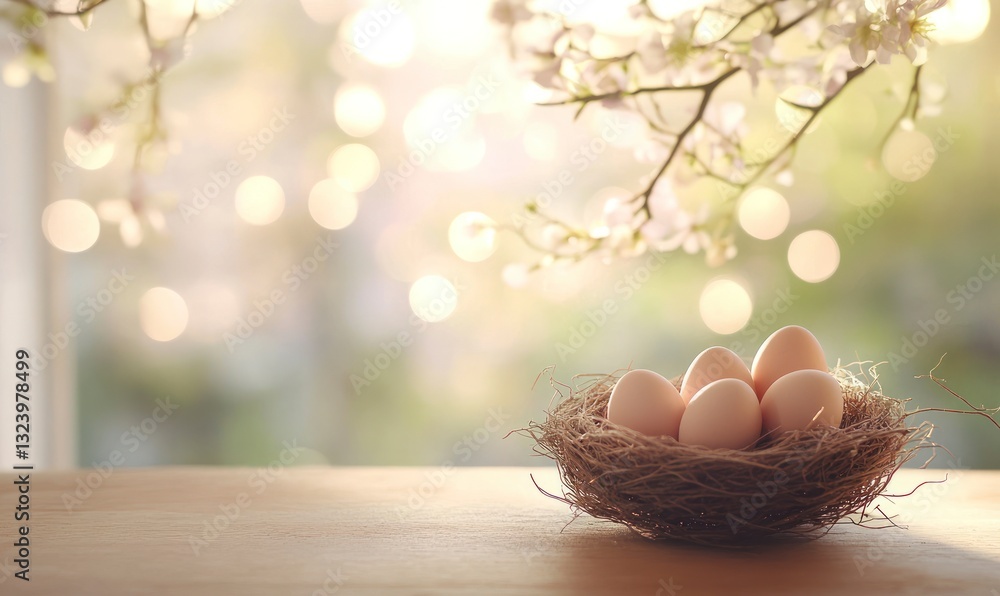 Poster eggs in bird nest on wooden table with bokeh lights