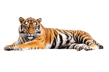 Naklejka premium A majestic tiger lounging gracefully in a pristine white setting during daylight hours isolated on transparent background