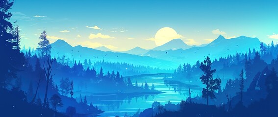 Abstract mountain range with stylized trees and lake reflection in flat vector design. Cool blue minimalist artwork for nature-themed wallpaper patterns, travel agency branding, or wellness app interf