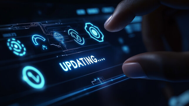 Finger tippt auf einen blau leuchtenden "UPDATING..." Button in einem digitalen Fahrzeug-Cockpit bei Nacht