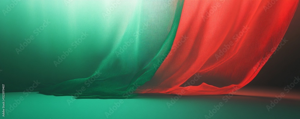 Poster Red and green fabric gently flowing in the wind creating a gradient effect
