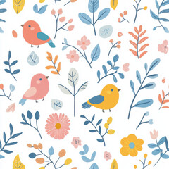 Cute cartoon pattern with flowers, leaves, and birds on a white background, seamless wallpaper, pastel colors, vector illustration