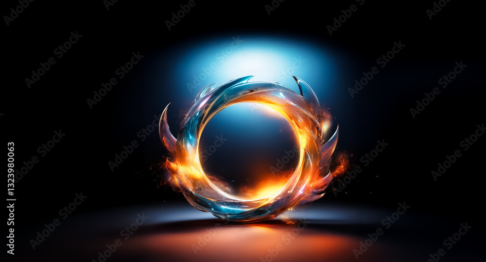 Poster abstract circular form glows with vibrant blue and orange light against a dark backdrop. the design 