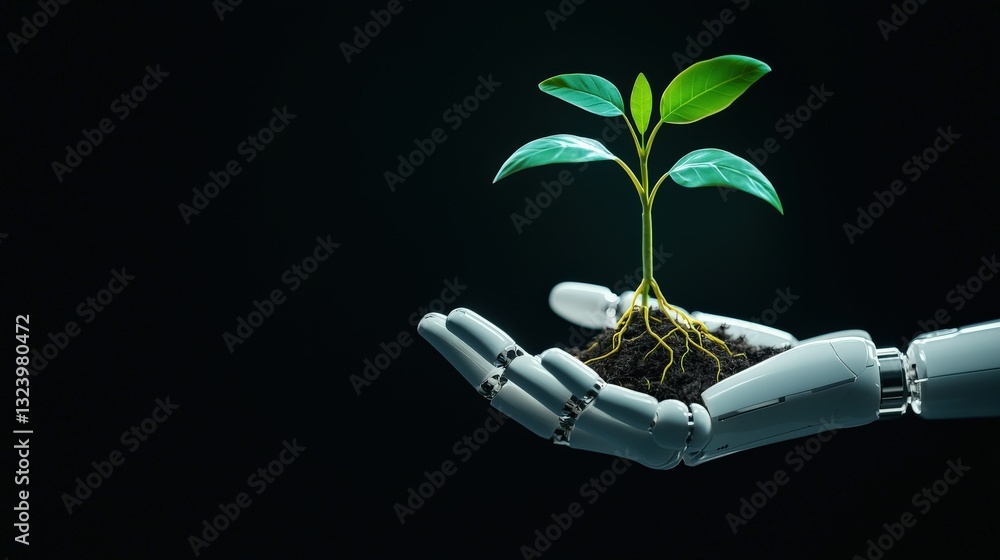 Poster a robotic hand gently holding a green sapling with roots embedded in futuristic soil.