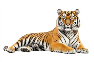 Fototapeta premium Bengal tiger lying down, looking at camera isolated on Transparent Background