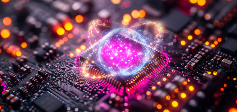 An intricate digital circuit displays vibrant colors and lights, illustrating quantum computing principles like qubit superposition and entanglement, while algorithms process complex datasets.
