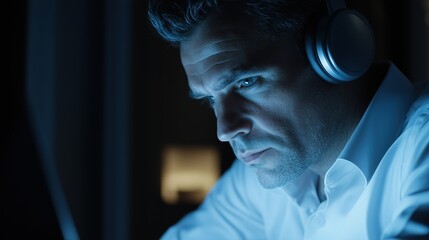 Focused Man Working Late with Headphones