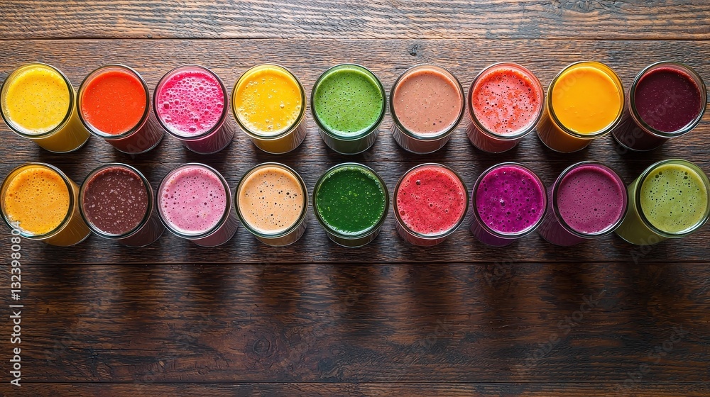 Poster an exquisite array of smooth juices in various colors and flavors served in glassware for enjoyment