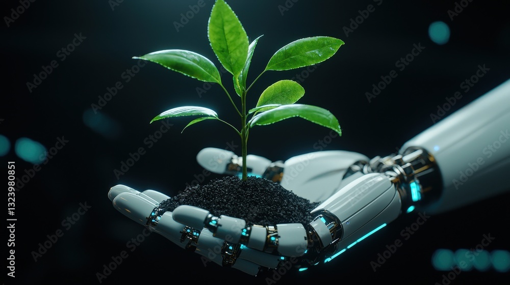 Poster a robotic hand gently holding a green sapling with roots embedded in futuristic soil.