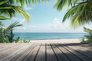 Tranquil beach scene with wooden platform. Lush palm trees frame a serene ocean view, leading to a light sandy beach. A wooden deck extends in front